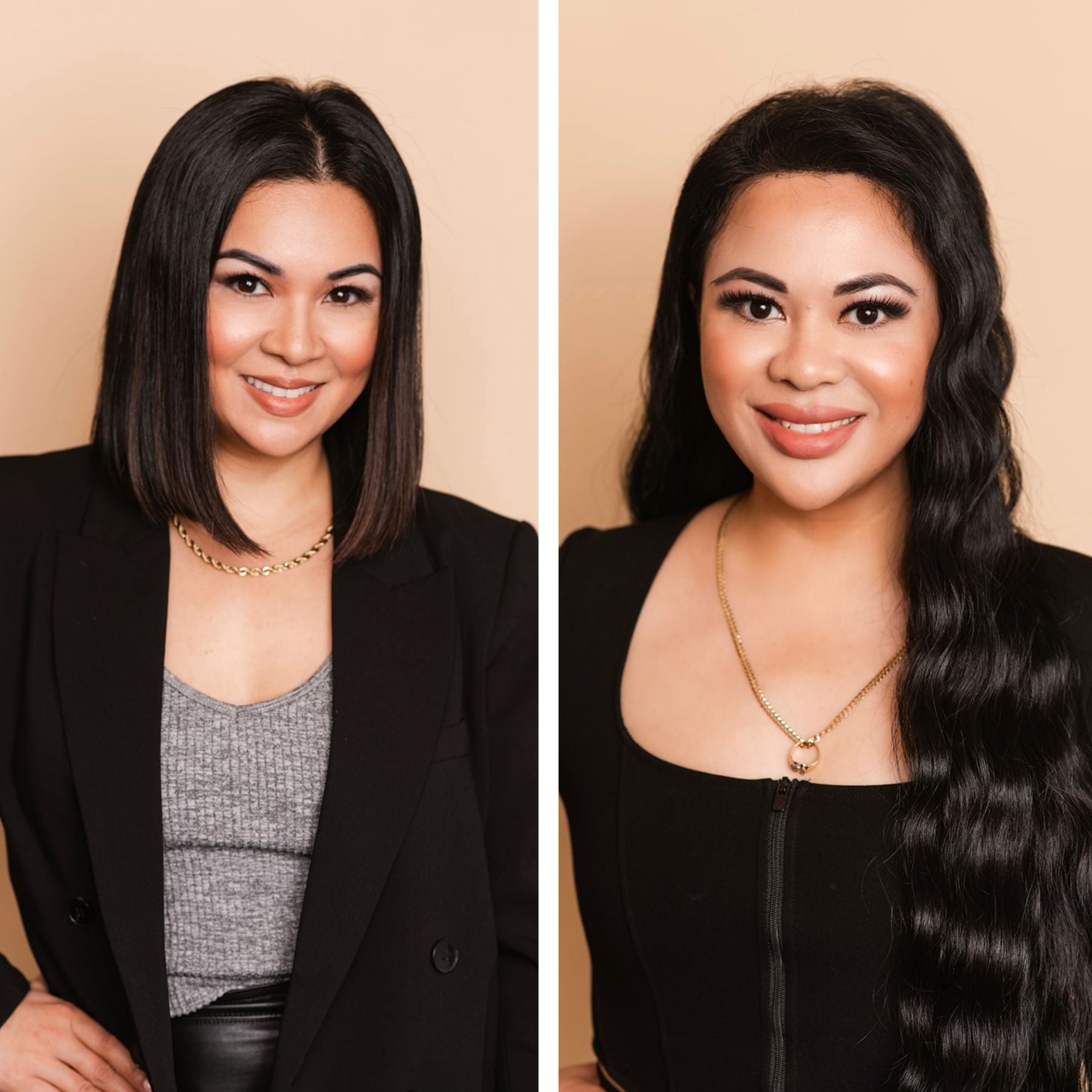 Veronica Gomes and Maria Perez, co-founders of Emme Hair Vancouver, smiling in professional black attire — leaders in hair restoration and extensions.