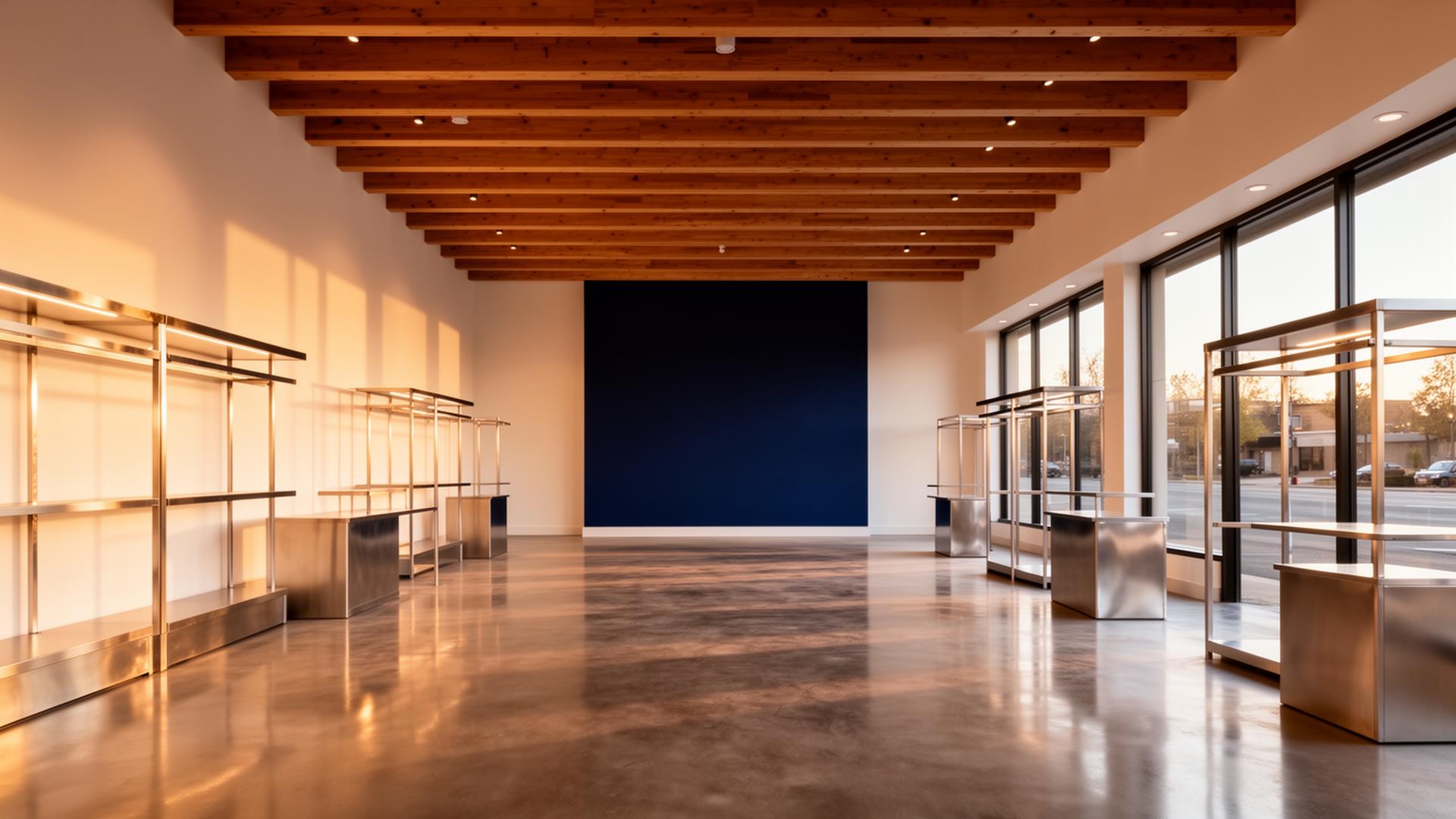 Just-completed modern retail space with warm wood ceiling and polished concrete floor