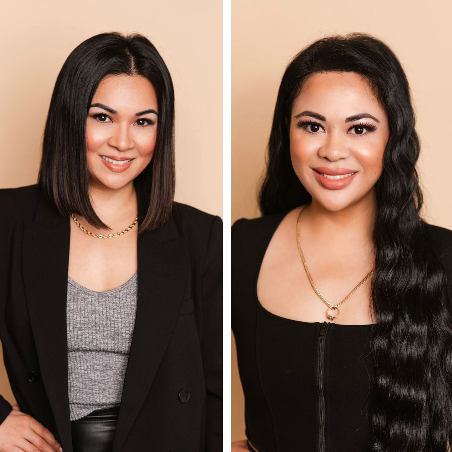 Veronica Gomes and Maria Perez, co-founders of Emme Hair Vancouver, smiling in professional black attire — leaders in hair restoration and extensions.