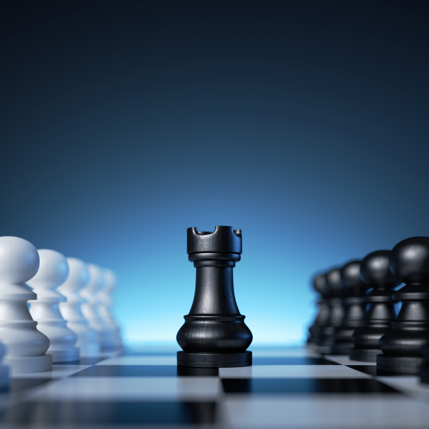 A black rook chess piece stands prominently in the center of a chessboard, flanked by rows of white and black pawns. The background fades into a gradient of dark blue.